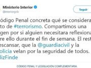Un tuit de Interior aconseja reflexionar el fin de semana sobre qué es terrorismo